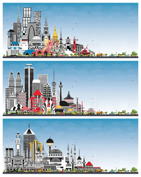 俄罗斯 印度尼西亚和土耳其的天空与灰色建筑和蓝天 具有历史建筑的旅游概念 具有地标的城市景观 雅加达 苏拉巴亚贝卡西万隆莫斯科 圣彼得堡 叶卡捷琳堡安卡拉 — 图库照片