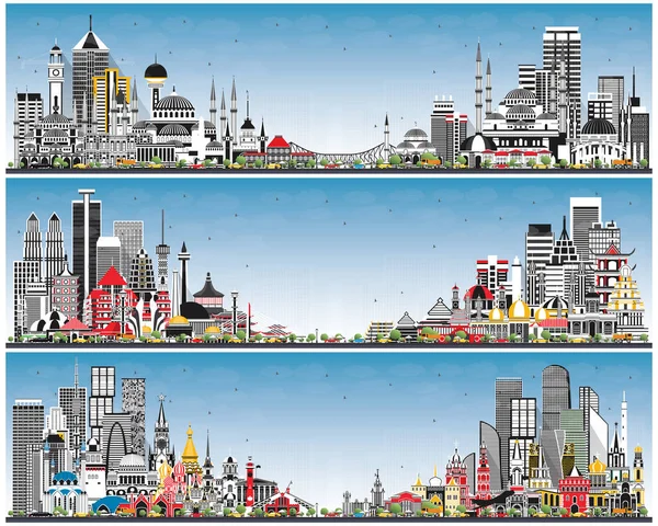 Rusia Indonesia Dan Turki Skylines Dengan Gray Buildings Dan Blue — Stok Foto