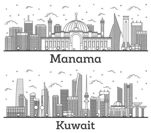 Outline Koeweit Manama Bahrein City Skylines Met Kleurengebouwen Geïsoleerd Wit — Stockfoto