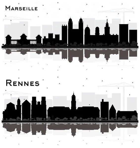 Rennes Marselha France City Skyline Silhouettes Com Edifícios Reflexões Preto — Fotografia de Stock