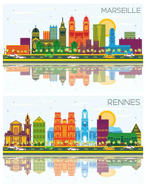 Rennes Och Marseille France City Skylines Med Gray Buildings Blue — Stockfoto