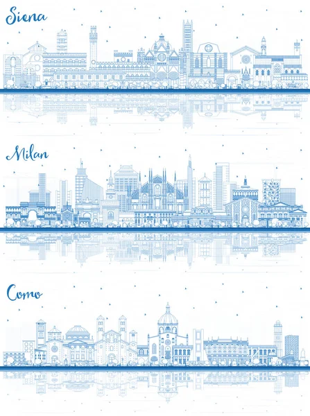 Skissera Siena Como Och Milano Italien City Skylines Med Blå — Stockfoto