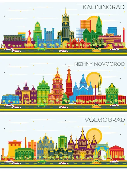 Kaliningrad Nizhny Novgorod Och Volgograd Russia City Skylines Med Color — Stockfoto