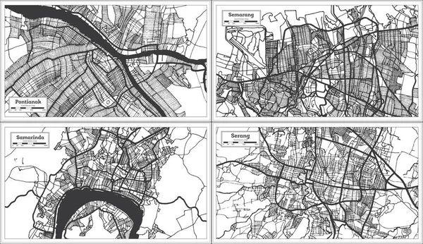 Semarang Samarinda Serang Pontianak Indonesia City Maps Black White Color — стокове фото