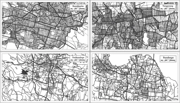 Tasikmalaya Tangerang Surabaya Och Surakarta Indonesien Stadskartor Svart Och Vit — Stockfoto