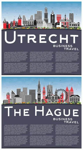 Lahey ve Utrecht Hollanda City Skylines ile birlikte Renkli Binalar, Mavi Gökyüzü ve Kopya Uzay. Tarihi Mimariyle İş Seyahati ve Turizm Konsepti. Şehir simgelerine sahip şehirler.