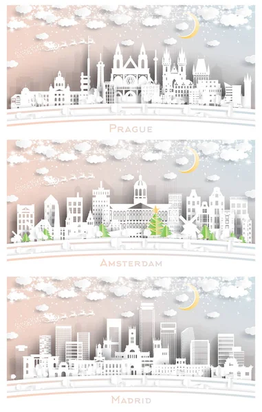 Praga República Tcheca Amsterdã Holanda Madri Espanha City Skylines Paper — Fotografia de Stock