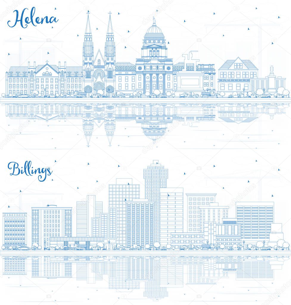 Outline Helena and Billings Montana City Skylines with Blue Buildings and Reflections. Business Travel and Tourism Concept with Historic Architecture. Cityscapes with Landmarks.