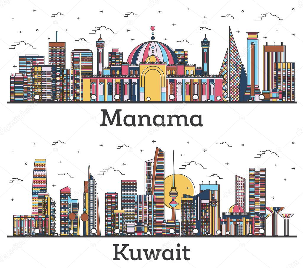 Outline Kuwait and Manama Bahrain City Skylines with Color Buildings Isolated on White. Cityscapes with Landmarks. 