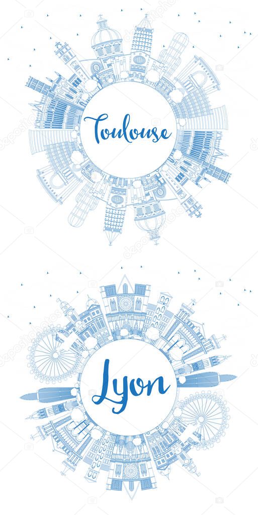 Outline Toulouse and Lyon France City Skylines with Blue Buildings and Copy Space. Business Travel and Tourism Concept with Historic Architecture. Cityscapes with Landmarks.