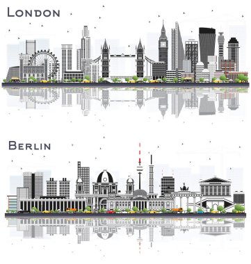 Berlin Almanya ve Londra City Skylines Gri Binalar ve Yansımalar Beyaz Arkaplan 'da izole edildi. Yer İmlerine sahip şehir manzarası.