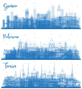 Ana hatlarıyla Torino, Palermo ve Cenova İtalya City Skyline ve Mavi Binalar. Modern Mimariyle İş Seyahatleri ve Turizm Konsepti. Şehir simgelerine sahip şehirler.