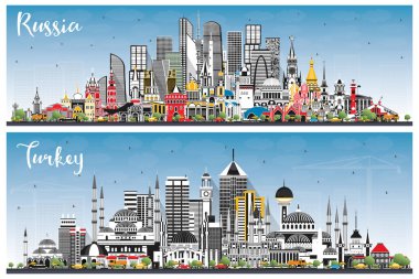 Rusya ve Türkiye City Skylines ile Gray Buildings ve Blue Sky. Tarihi Mimariyle Turizm Konsepti. Şehir simgeleriyle dolu şehir manzaraları. Moskova. Aziz Petersburg. Yekaterinburg 'da. İzmir. Ankara mı? İstanbul.
