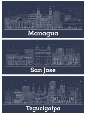 Özet Managua Nikaragua, Tegucigalpa Honduras ve San Jose Kosta Rika City Skyline ile Beyaz Binalar. Tarihi Mimariyle İş Seyahati ve Turizm Konsepti. Şehir simgelerine sahip şehirler.