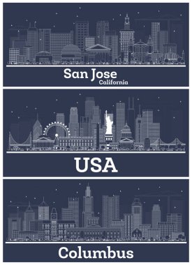 ABD, Columbus Ohio ve San Jose California City Skylines ile White Buildings 'i özetleyin. Modern Mimariyle İş Seyahatleri ve Turizm Konsepti. Şehir simgelerine sahip şehirler.