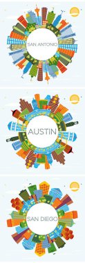San Diego California, San Antonio ve Austin Texas City Skylines Renkli Binalar, Mavi Gökyüzü ve Kopya Uzay. Modern Mimariyle İş Seyahatleri ve Turizm Konsepti. Şehir simgelerine sahip şehirler.