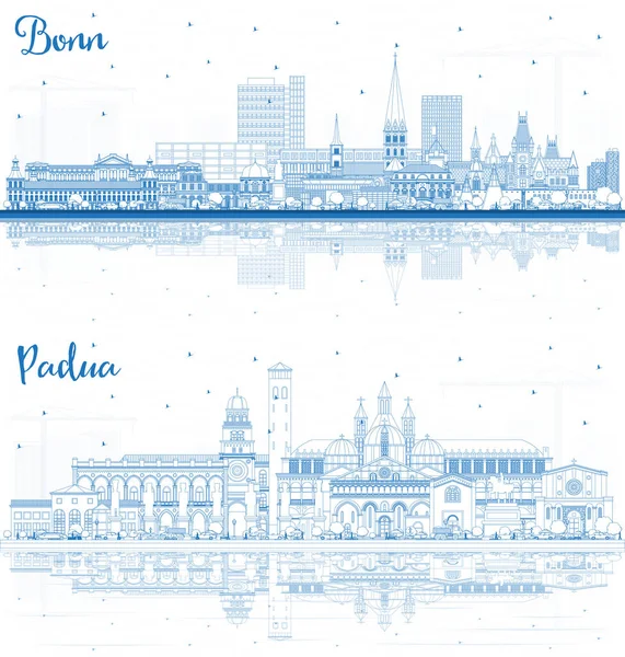 Bonn Almanya ve Padua İtalya City Skylines, Mavi Binalar ve Yansımalar ile çevrelenmiştir. Tarihi Mimariyle İş Seyahati ve Turizm Konsepti. Şehir simgelerine sahip şehirler.