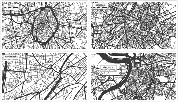 Anderlecht Brussels Bruges Antwerp Belgium City Maps Set Black White — 스톡 사진