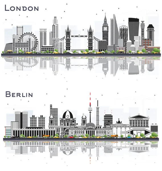 Berlin Germany and London England City Skylines with Gray Buildings and Reflections Isolated on White Background. Cityscape with Landmarks.