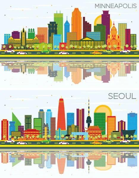 ソウル韓国とミネアポリスミネソタUsaカラービル ブルースカイと反射と都市スカイライン 現代建築とビジネス旅行や観光の概念 ランドマークのある街並 — ストック写真