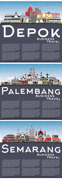Depok Semarang Dan Palembang Indonesia City Skylines Dengan Gray Buildings — Stok Foto