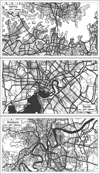 Sydney Brisbane Perth Australia City Maps Black White Color Inglés —  Fotos de Stock