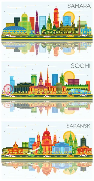 萨兰斯克 萨马拉和索契俄罗斯城市天际线 配上彩楼 蓝天和反光 商务旅行和旅游概念与现代建筑 有地标的城市景观 — 图库照片