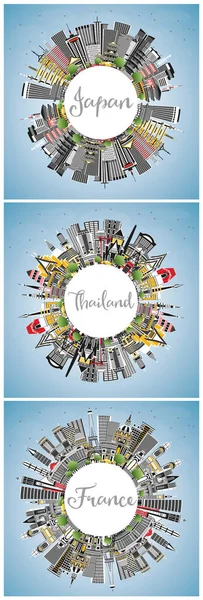 泰国和日本的天际线 配上彩楼 蓝天和复印空间 具有历史建筑的旅游概念 有地标的城市景观 — 图库照片