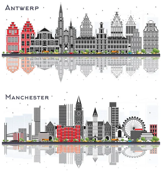 Manchester England and Antwerp Belgium City Skyline with Gray Buildings and Reflections Isolated on White. Business Travel and Tourism Concept with Historic Architecture. Cityscapes with Landmarks.