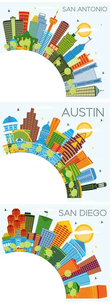 San Diego California, San Antonio ve Austin Texas City Skylines Renkli Binalar, Mavi Gökyüzü ve Kopya Uzay. Modern Mimariyle İş Seyahatleri ve Turizm Konsepti. Şehir simgelerine sahip şehirler.