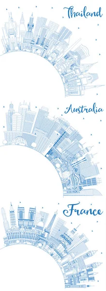 Outline Thailandia Francia Australia City Skylines Con Blue Buildings Copy — Foto Stock