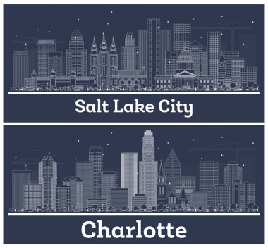 Charlotte North Carolina ve Salt Lake City Utah City Skylines ile White Buildings 'i özetleyin. Modern Mimariyle İş Seyahatleri ve Turizm Konsepti. Tarihi Simgeli ABD Şehir Manzaraları.