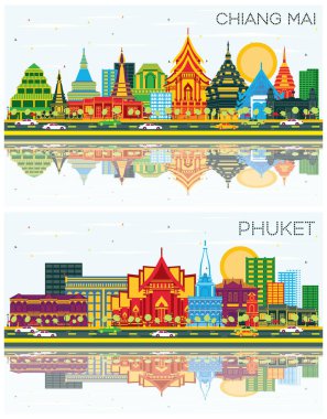 Phuket ve Chiang Mai Tayland City Skylines Renkli Binalar, Mavi Gökyüzü ve Yansımaları ile Seti. Modern Mimariyle Seyahat ve Turizm Konsepti. Şehir simgelerine sahip şehirler.