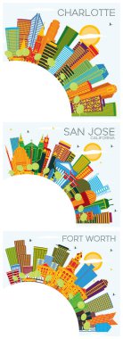 Charlotte North Carolina, Fort Worth Texas ve San Jose California City Skylines set with Color Buildings, Blue Sky and Copy Space. Modern Mimariyle İş Seyahati ve Turizm Konsepti.