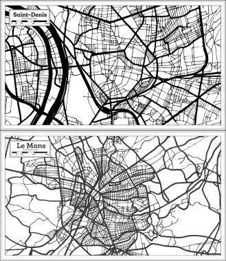 Le Mans ve Saint-Denis Fransa haritaları siyah ve beyaz renklerde. Özet Haritalar.