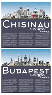 Budapeşte Macaristan ve Chisinau Moldova Şehri Skylines ile Gray Buildings, Blue Sky ve Copy Space. Tarihi Mimariyle İş Seyahati ve Turizm Konsepti. Şehir simgelerine sahip şehirler.