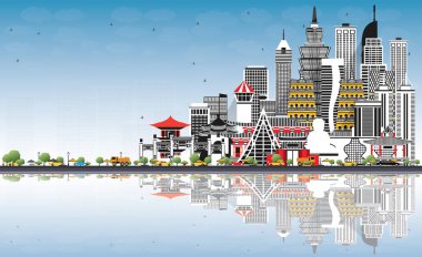 Gri Binalar, Mavi Gökyüzü ve Yansımalarla Tayvan Şehri Skyline 'ına hoş geldiniz. Vektör İllüstrasyonu. Tarihi Mimariyle Turizm Konsepti. Tarihi işaretli Tayvan şehri manzarası. Taipei 'de. Kaohsiung. Taichung. Tainan..