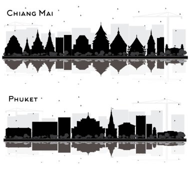 Phuket ve Chiang Mai Tayland Şehri Skyline siluetleri. Beyaz üzerine izole edilmiş Siyah Binalar ve Yansımalar Seti. Modern Mimariyle Seyahat ve Turizm Konsepti. Şehir simgelerine sahip şehirler.