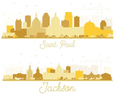 Jackson Mississippi ve Saint Paul Minnesota City Skyline siluetleri. Beyaz üzerinde Altın Binalar var. Tarihi Mimariyle Turizm Konsepti. Tarihi Simgeli ABD Şehir Manzaraları.
