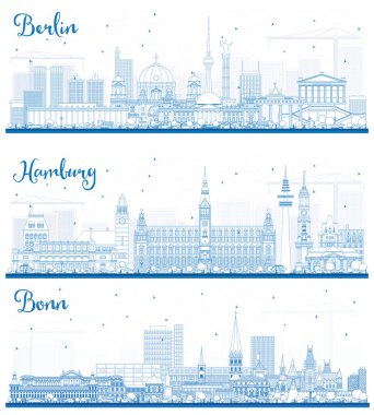 Berlin, Bonn ve Hamburg City Skylines ile Blue Buildings 'i özetleyin. Tarihi Mimariyle İş Seyahati ve Turizm Konsepti. Sunum Pankartı ve Web Sitesi için Görüntü.