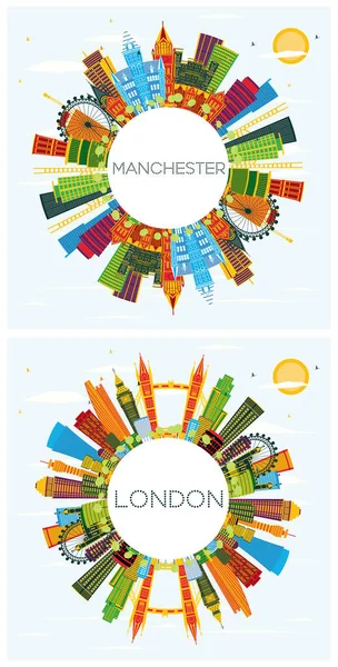 Londra Inghilterra Manchester City Skylines Set Con Edifici Colori Cielo — Foto Stock