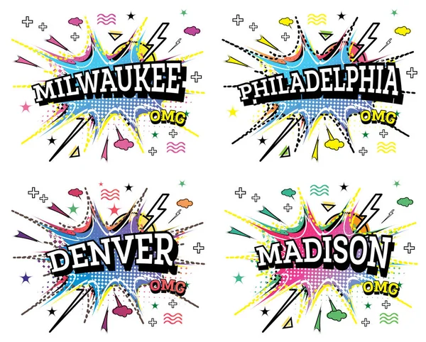 Denver Philadelphia Madison Milwaukee Comic Text Set Stile Pop Art — Foto Stock