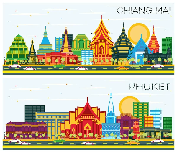 Phuket ve Chiang Mai Tayland City Skylines Renkli Binalar ve Mavi Gökyüzü ile Seti. Modern Mimariyle İş Seyahatleri ve Turizm Konsepti. Şehir simgelerine sahip şehirler.