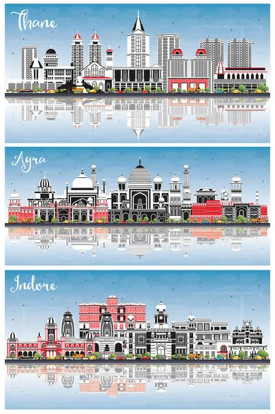 Agra Thane Indore India City Skylines Zestaw Kolorowymi Budynkami Błękitne — Zdjęcie stockowe