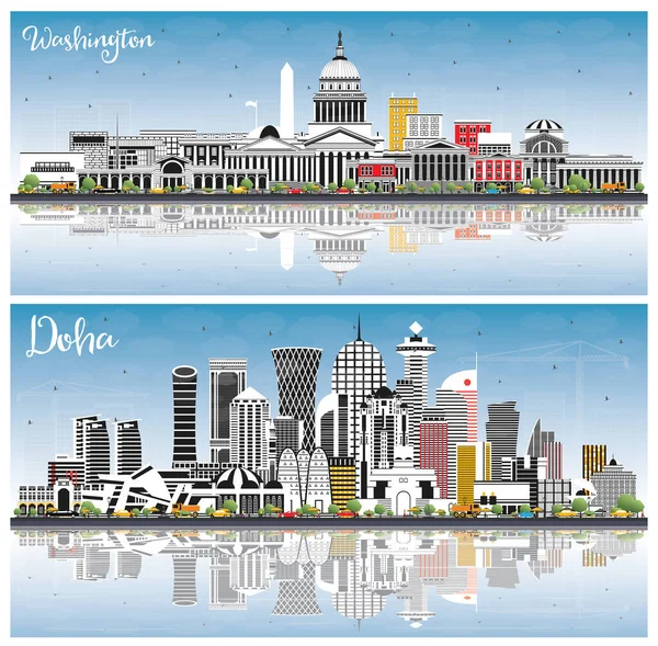 ドーハカタールとワシントンDc Usa灰色の建物 青い空と反射と都市スカイライン 歴史的建造物とビジネス旅行や観光の概念 ランドマークとワシントンDcの都市景観 — ストック写真