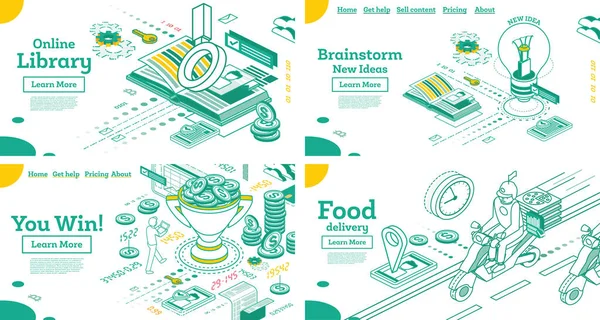 Essenslieferung Motorroller Brainstorming Online Library Outline Isometric Education Concept Buch — Stockfoto