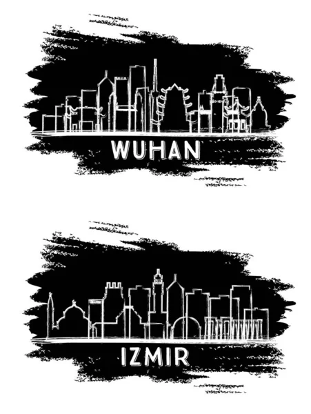 Izmir Turcja Wuhan Chiny City Skyline Sylwetki Zestaw Ręcznie Narysowany — Zdjęcie stockowe