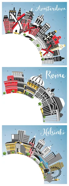 Amszterdam Hollandia Helsinki Finnország Róma Olaszország City Skylines Set Color — Stock Fotó