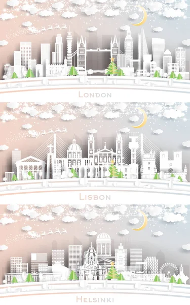 Londra Inghilterra Helsinki Finlandia Lisbona Portugal City Skylines Stile Paper — Foto Stock