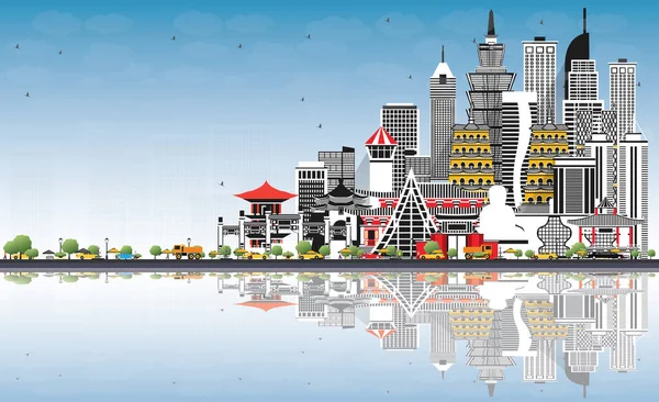 Welcome Taiwan City Skyline Gray Buildings Blue Sky Reflections Vector — Stock Photo, Image